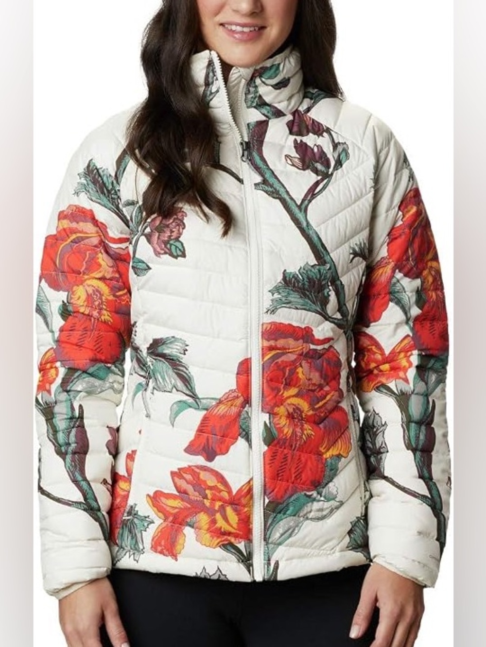 Columbia White Puffer Jacket with Red Floral Print